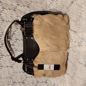 Rebecca Minkoff black leather and fur satchel approx 11 1/2"x4 1/2 x 9 in